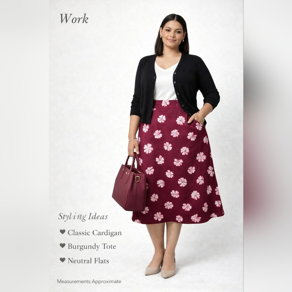 Skies Are Blue 3X Plus Size Floral Midi Skirt Burgundy Pink NWT